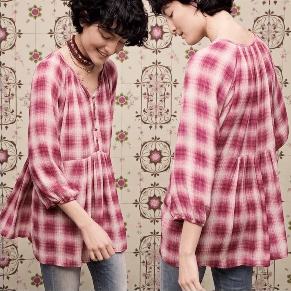 MAEVE Women's Pink Plaid 3/4 Sleeve Top Blouse Top Size Small